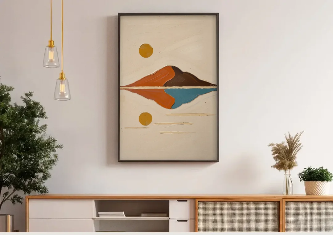 Color Block Painting of a Mirrored Terracotta Mountain canvas wall art above a wooden sideboard under pendant lights