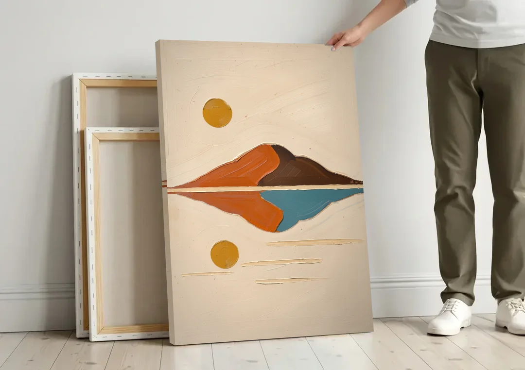 Color Block Painting of a Mirrored Terracotta Mountain canvas wall art leaning against a wall next to blank canvases