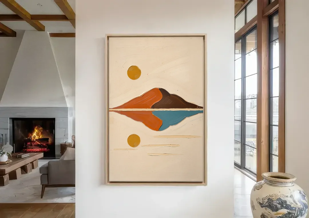 Color Block Painting of a Mirrored Terracotta Mountain canvas wall art in a living room with a fireplace