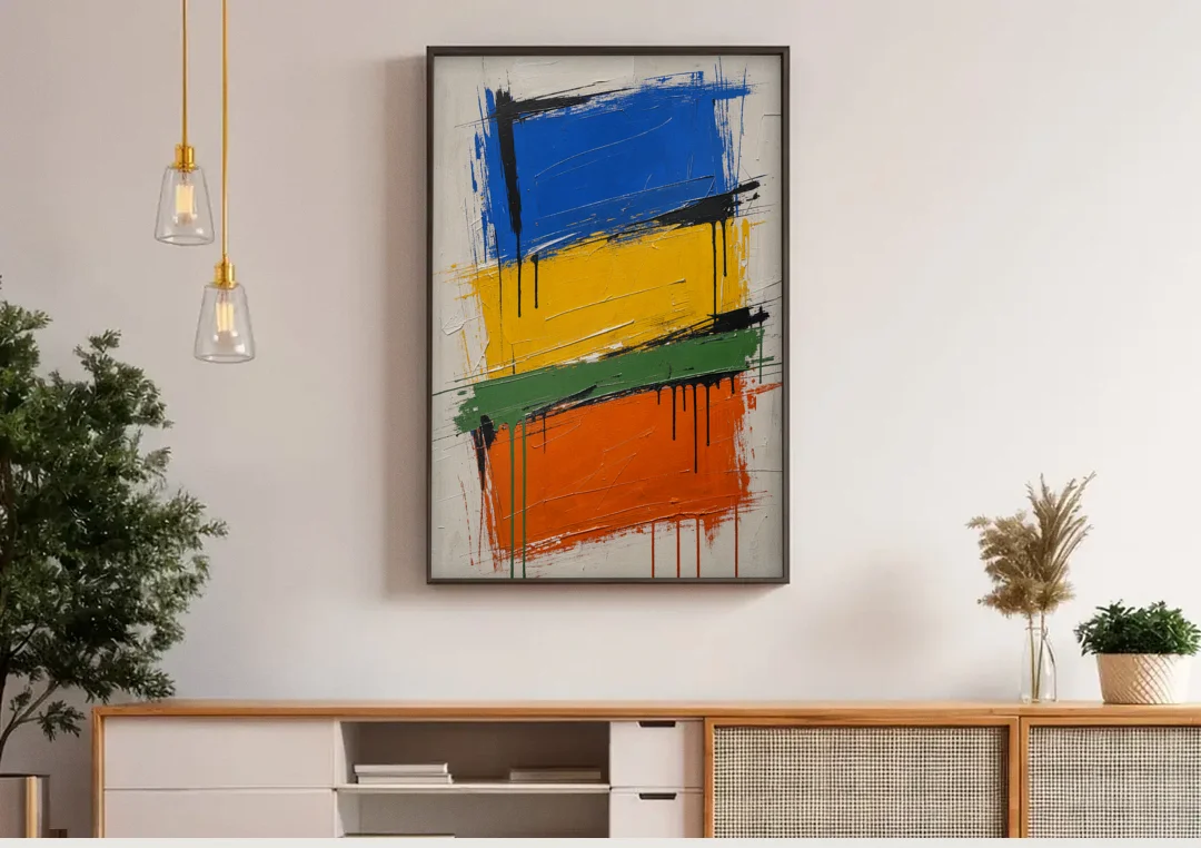 Color Block Turf Green Slash with Black Drips canvas wall art above a wooden sideboard under pendant lights
