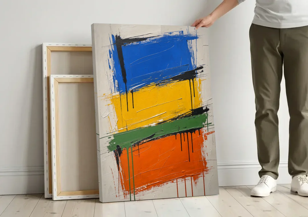 Color Block Turf Green Slash with Black Drips canvas wall art leaning against a wall next to blank canvases