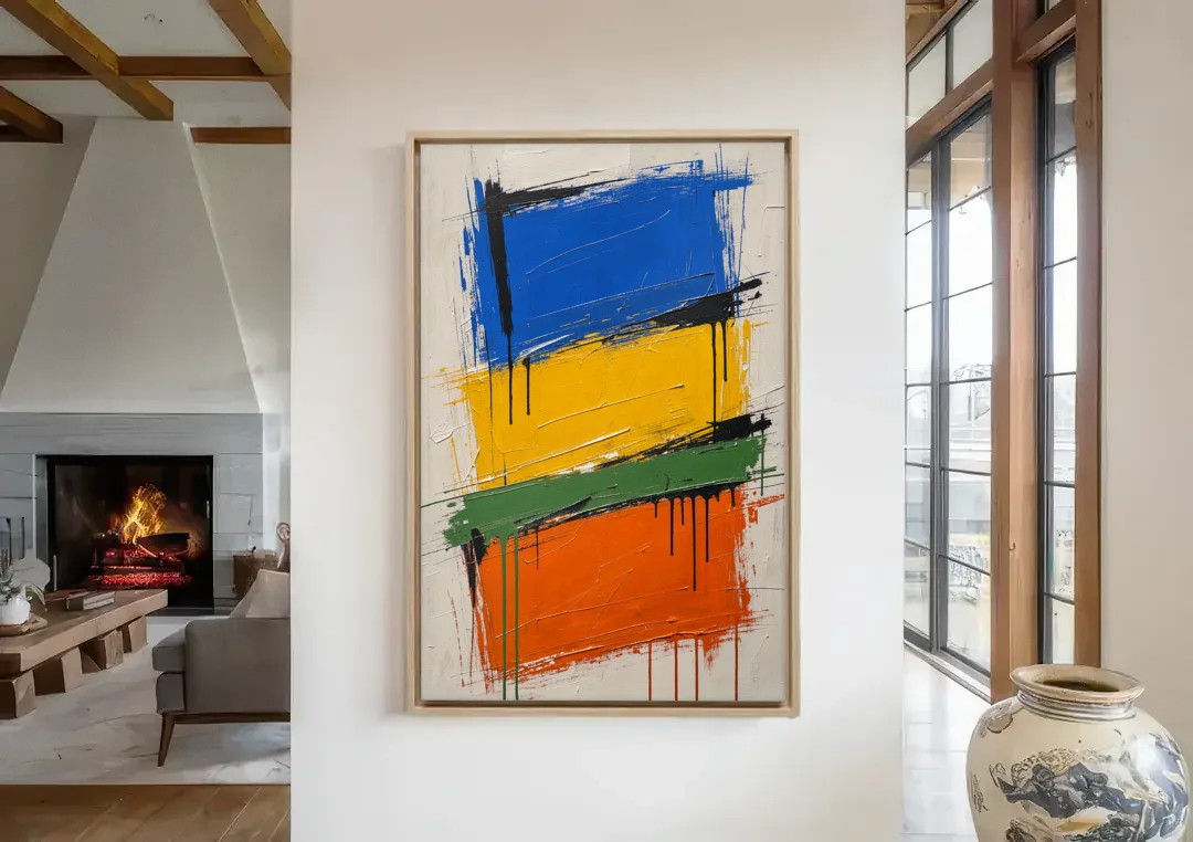 Color Block Turf Green Slash with Black Drips canvas wall art in a living room with a fireplace