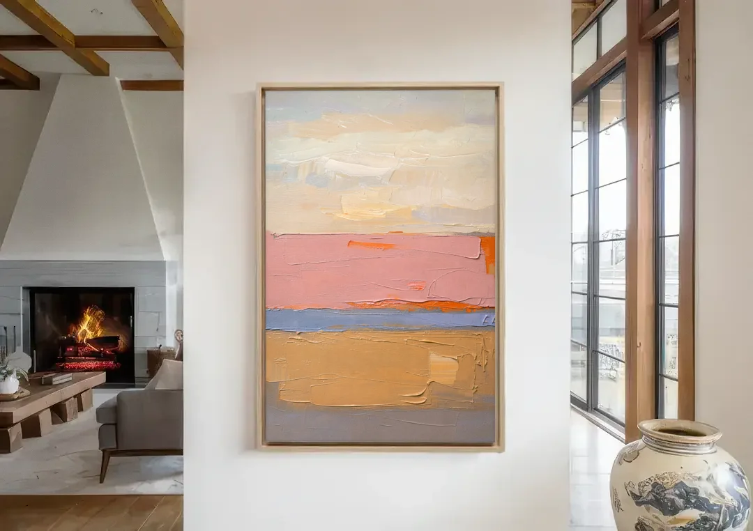 Color Field Abstract Painting in Blush and Ochre canvas wall art in a living room with a fireplace
