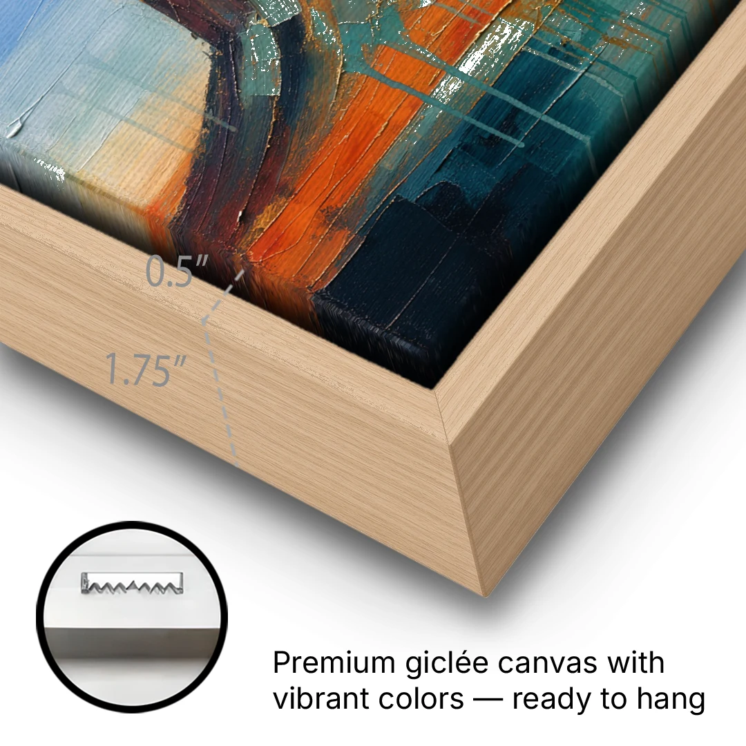 Color Field Painting with Dripping Desert Mesa - Oak Framed Canvas Wall Art - Gallery Wrap Corner
