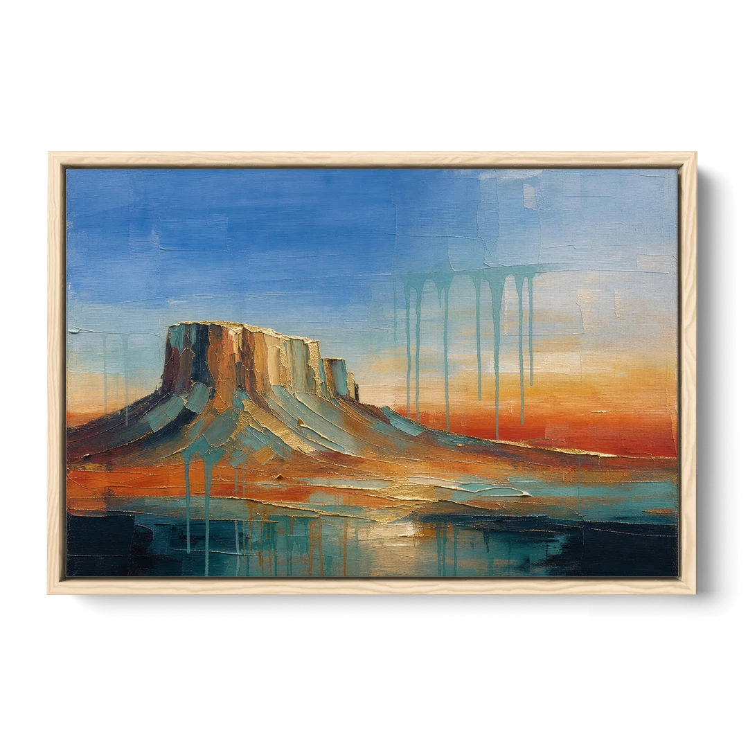 Color Field Painting with Dripping Desert Mesa - Oak Framed Canvas Wall Art - Front