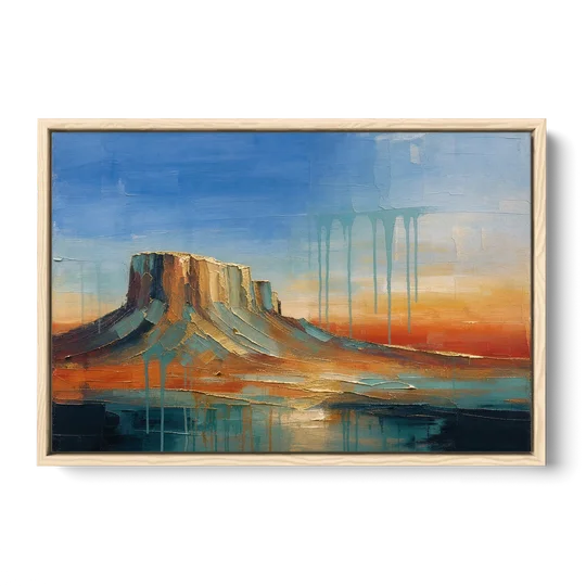 Color Field Painting with Dripping Desert Mesa - Oak Framed Canvas Wall Art - Front
