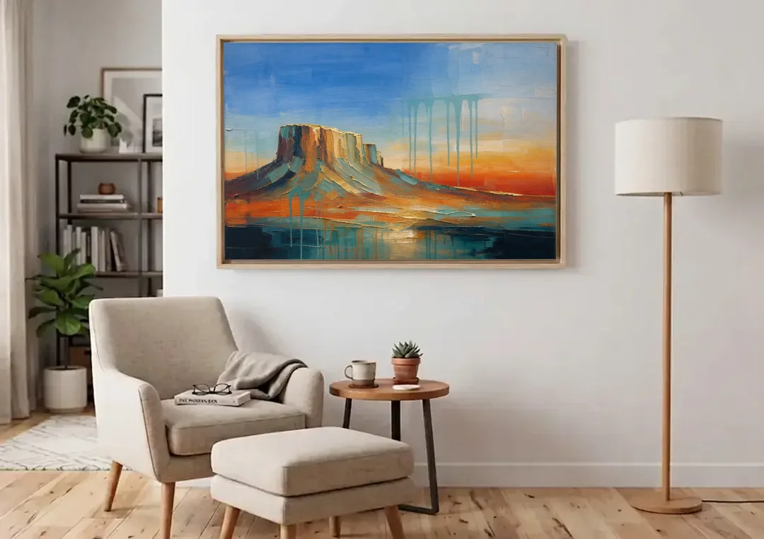 Color Field Painting with Dripping Desert Mesa canvas wall art above an armchair in a bright living room