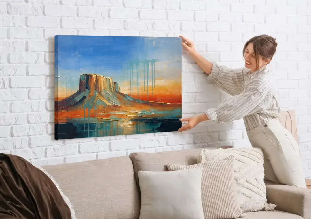 Color Field Painting with Dripping Desert Mesa canvas wall art being hung on a white brick wall above a sofa