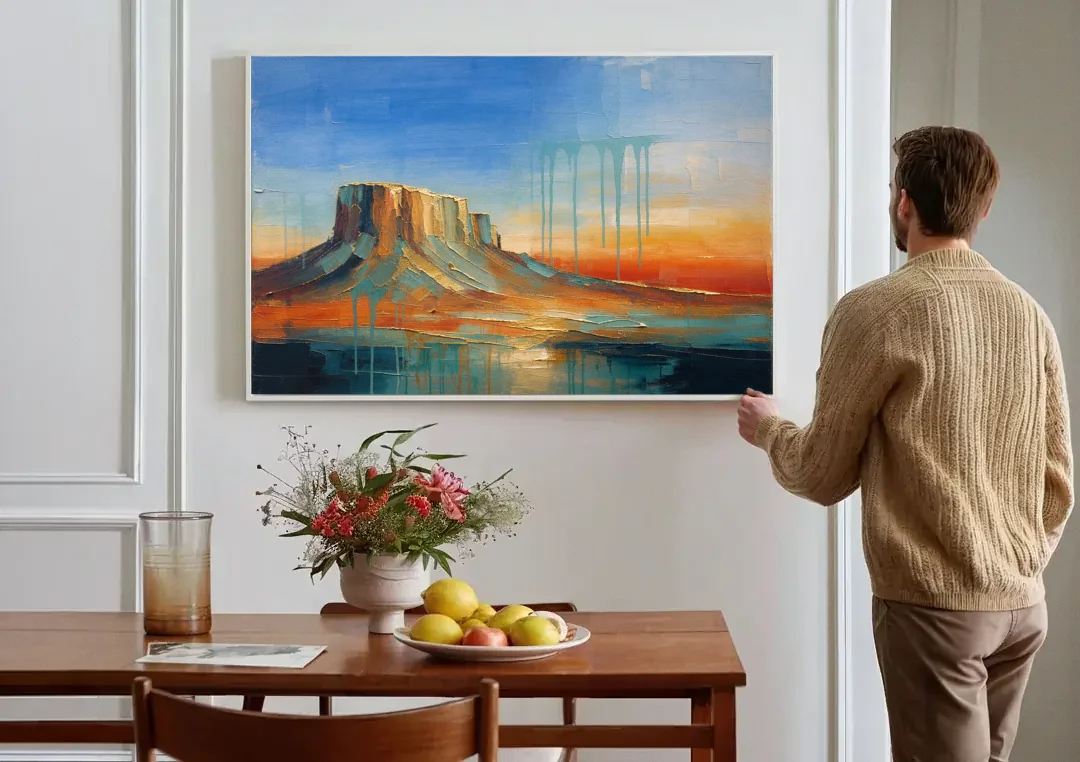 Color Field Painting with Dripping Desert Mesa canvas wall art above a dining table
