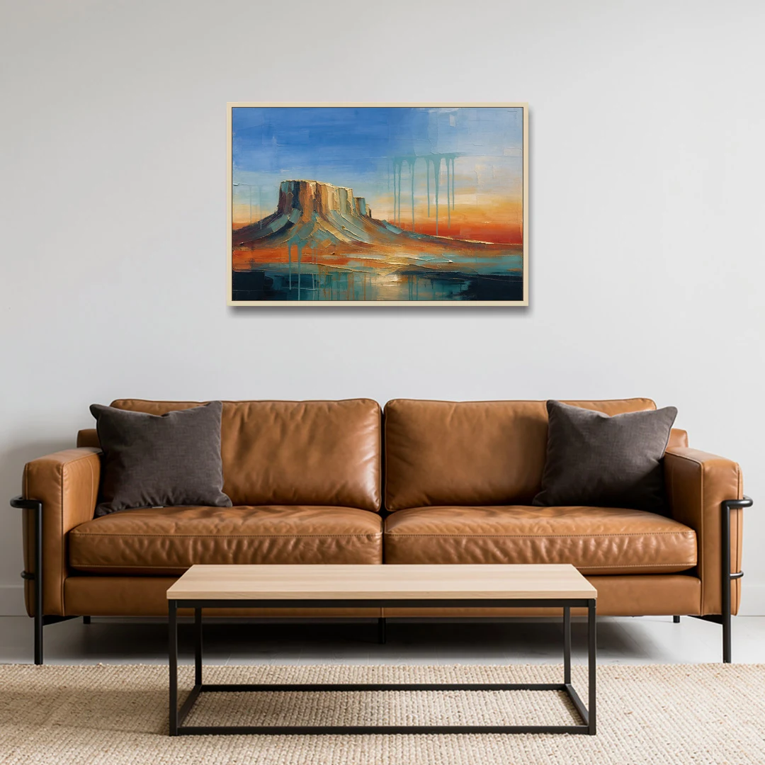 Color Field Painting with Dripping Desert Mesa - Oak Framed Canvas Wall Art - Sofa - 36x24