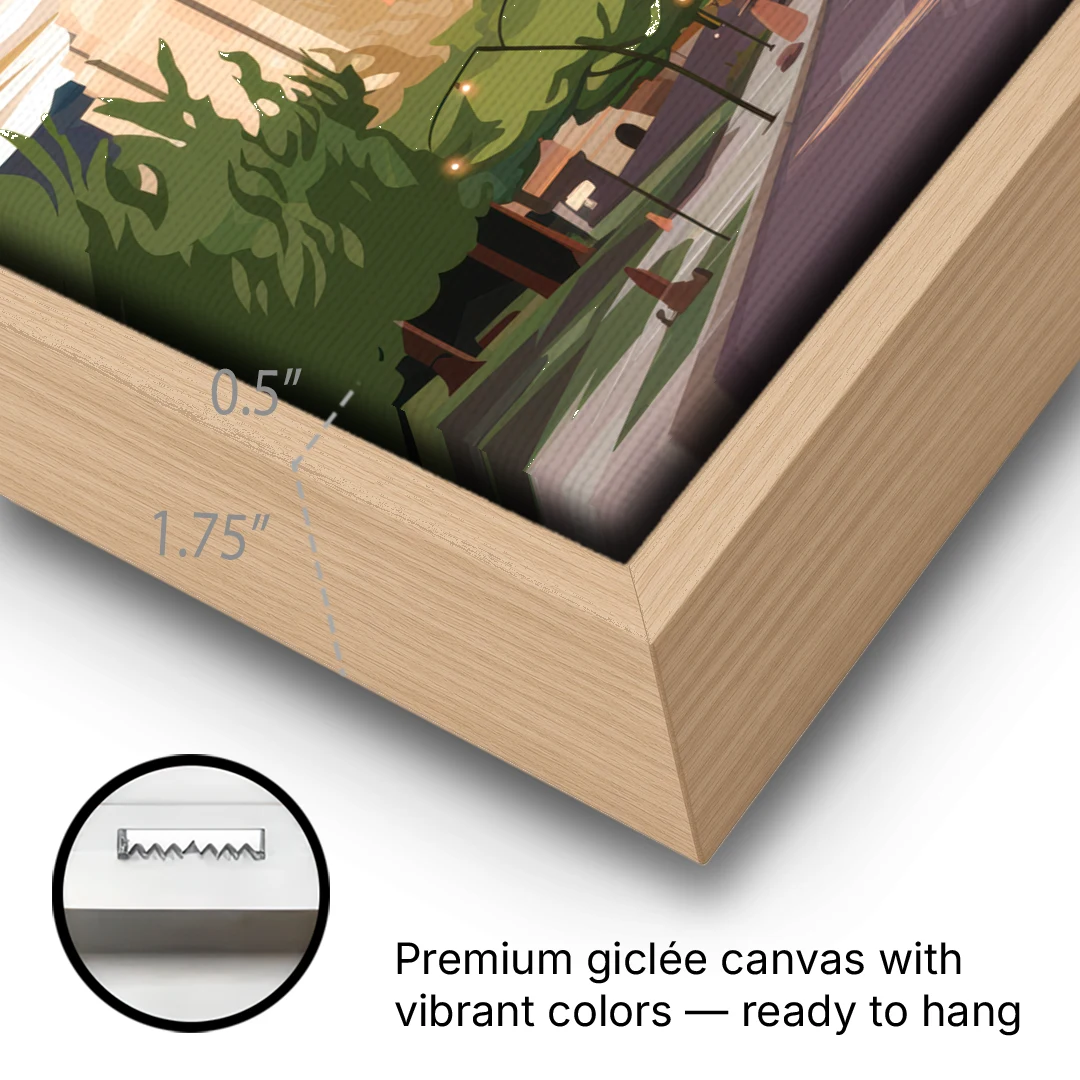 Colorado Springs Downtown Charm - Oak Framed Canvas Wall Art - Gallery Wrap Corner