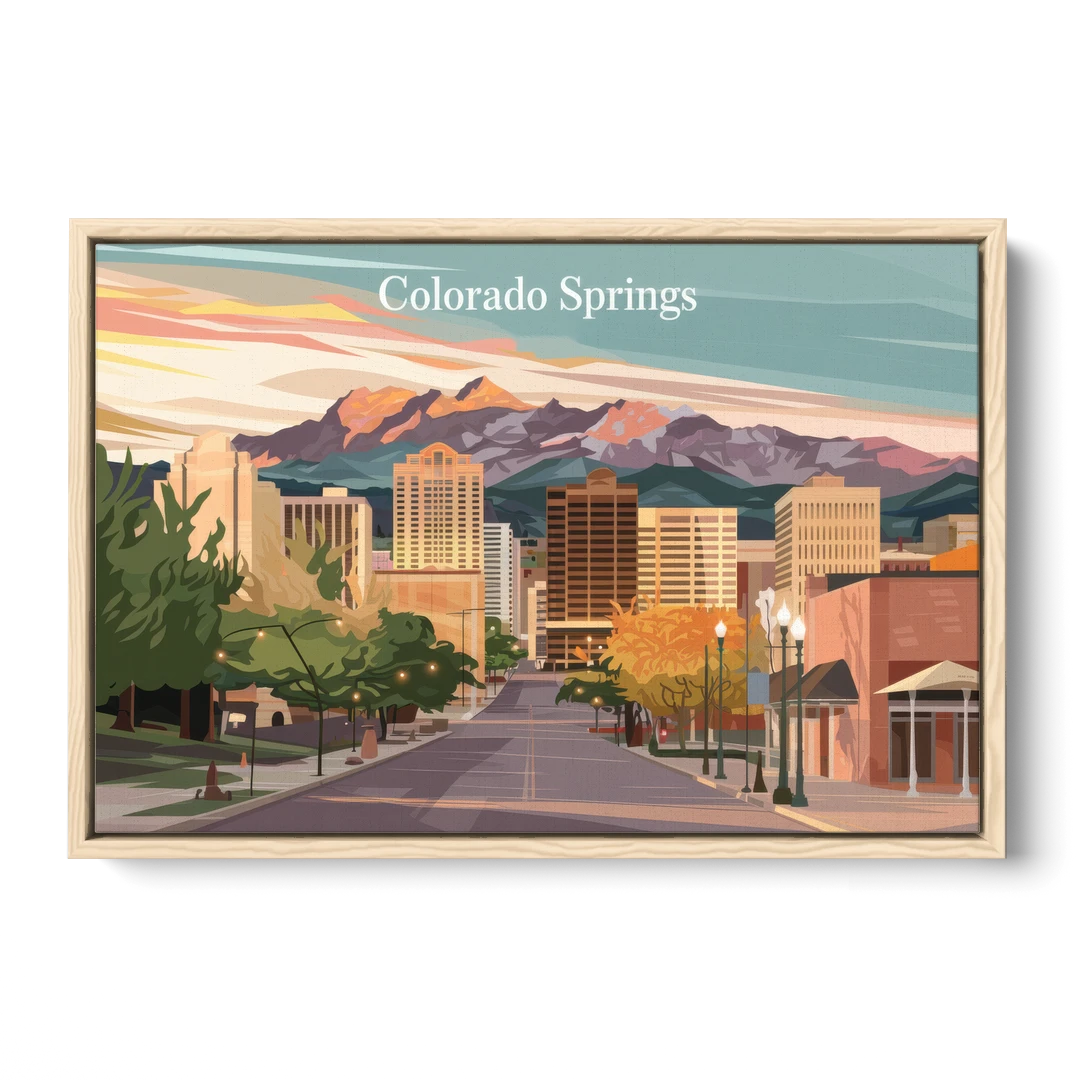 Colorado Springs Downtown Charm - Oak Framed Canvas Wall Art - Front