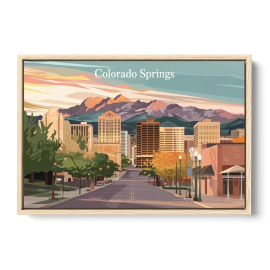 Colorado Springs Downtown Charm - Oak Framed Canvas Wall Art - Front