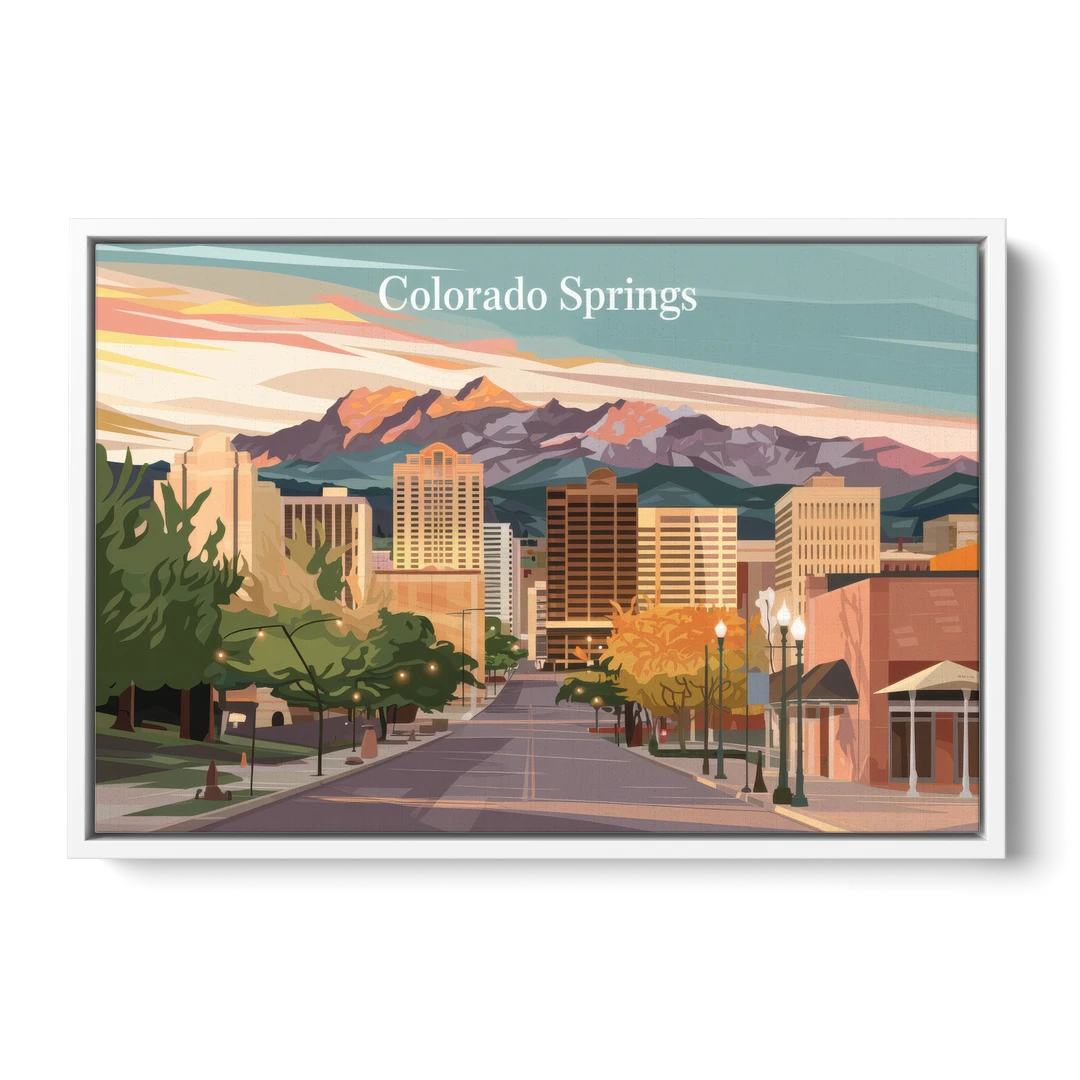 Colorado Springs Downtown Charm - White Framed Canvas Wall Art - Front