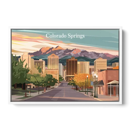 Colorado Springs Downtown Charm - White Framed Canvas Wall Art - Front