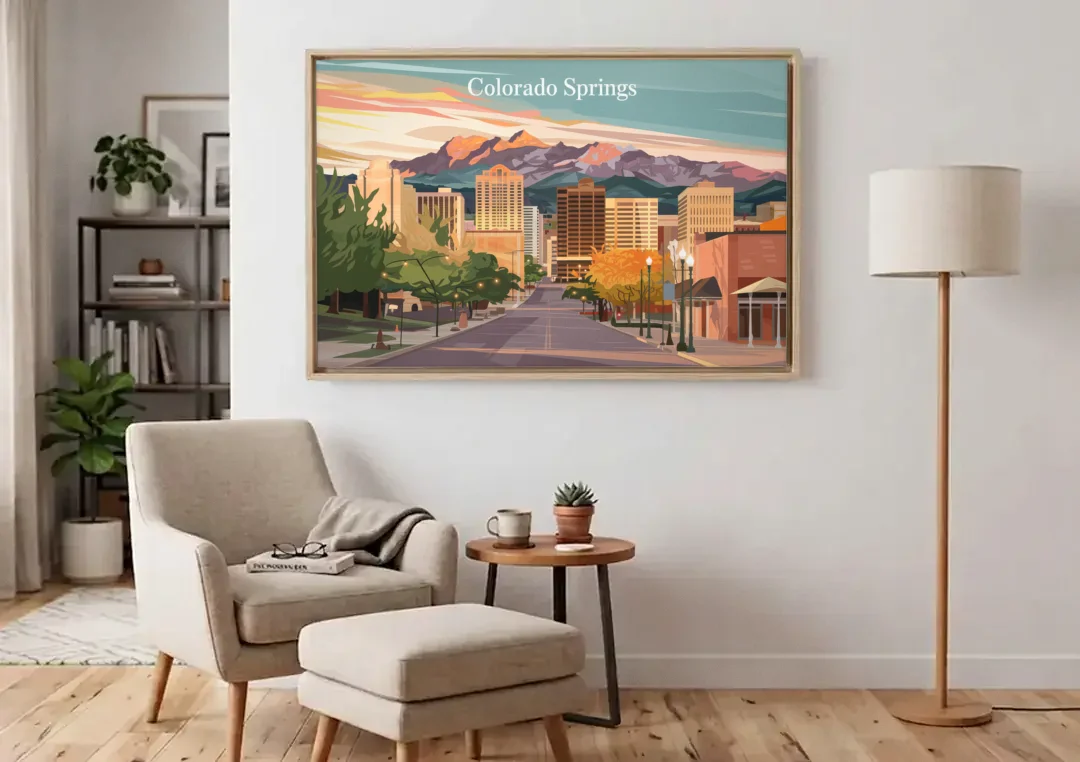 Colorado Springs Downtown Charm canvas wall art above an armchair in a bright living room