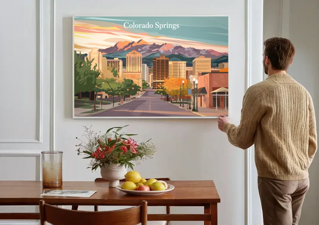 Colorado Springs Downtown Charm canvas wall art above a dining table