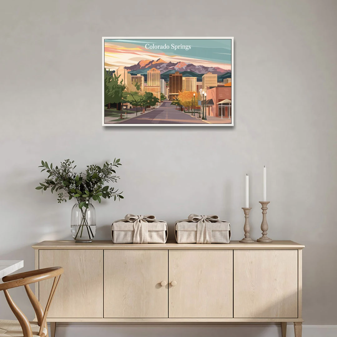 Colorado Springs Downtown Charm - White Framed Canvas Wall Art - Coffee Table - 36x24