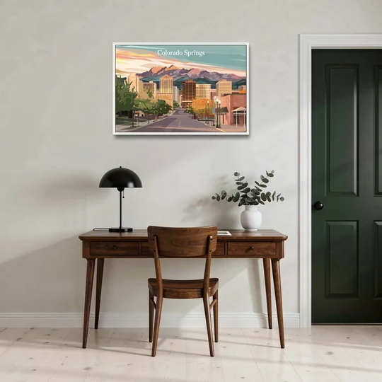 Colorado Springs Downtown Charm - White Framed Canvas Wall Art - Office - 36x24