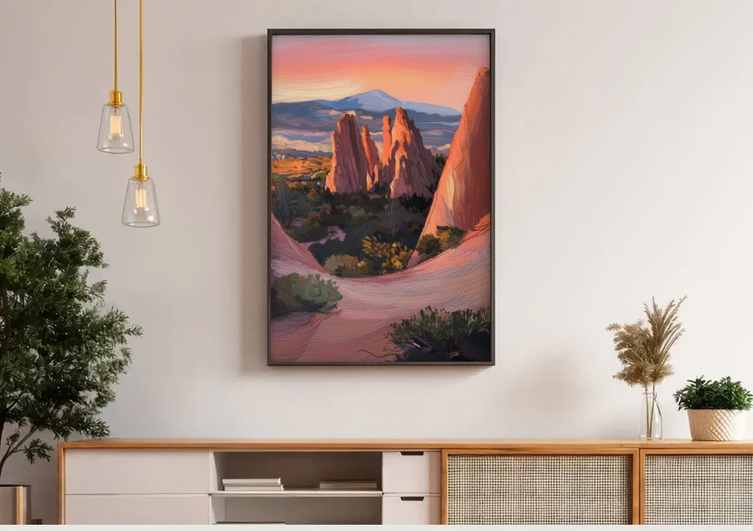 Colorado Springs Garden of the Gods canvas wall art above a wooden sideboard under pendant lights