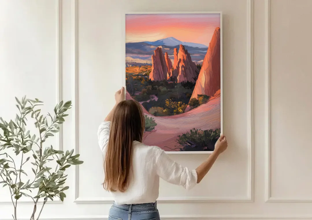Colorado Springs Garden of the Gods canvas wall art being hung on a paneled wall