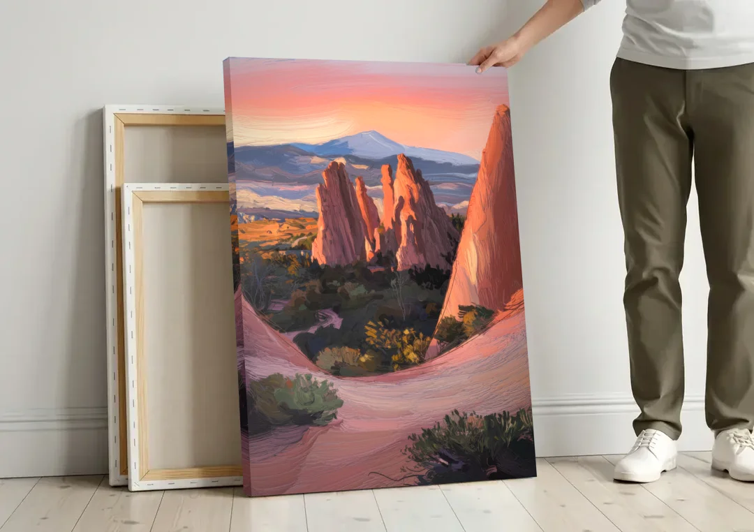 Colorado Springs Garden of the Gods canvas wall art leaning against a wall next to blank canvases