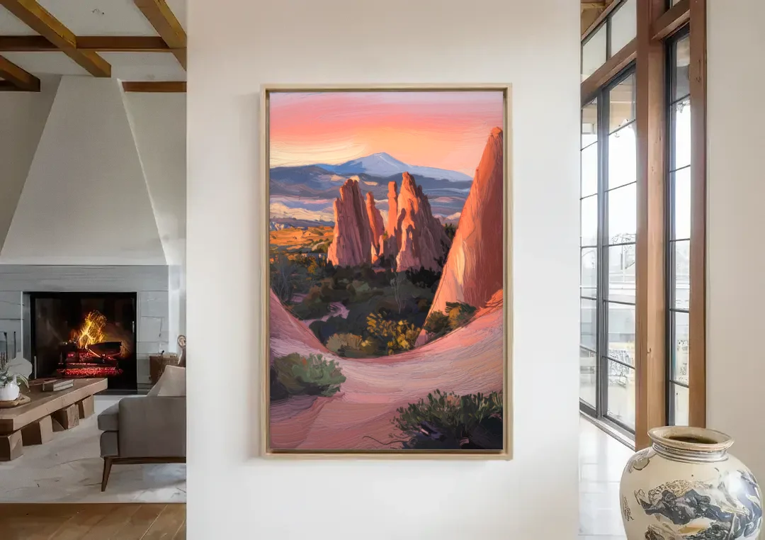 Colorado Springs Garden of the Gods canvas wall art in a living room with a fireplace