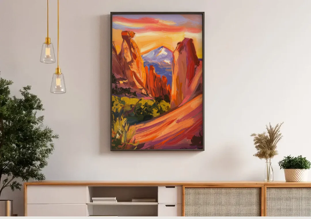 Colorado Springs Mountain View canvas wall art above a wooden sideboard under pendant lights