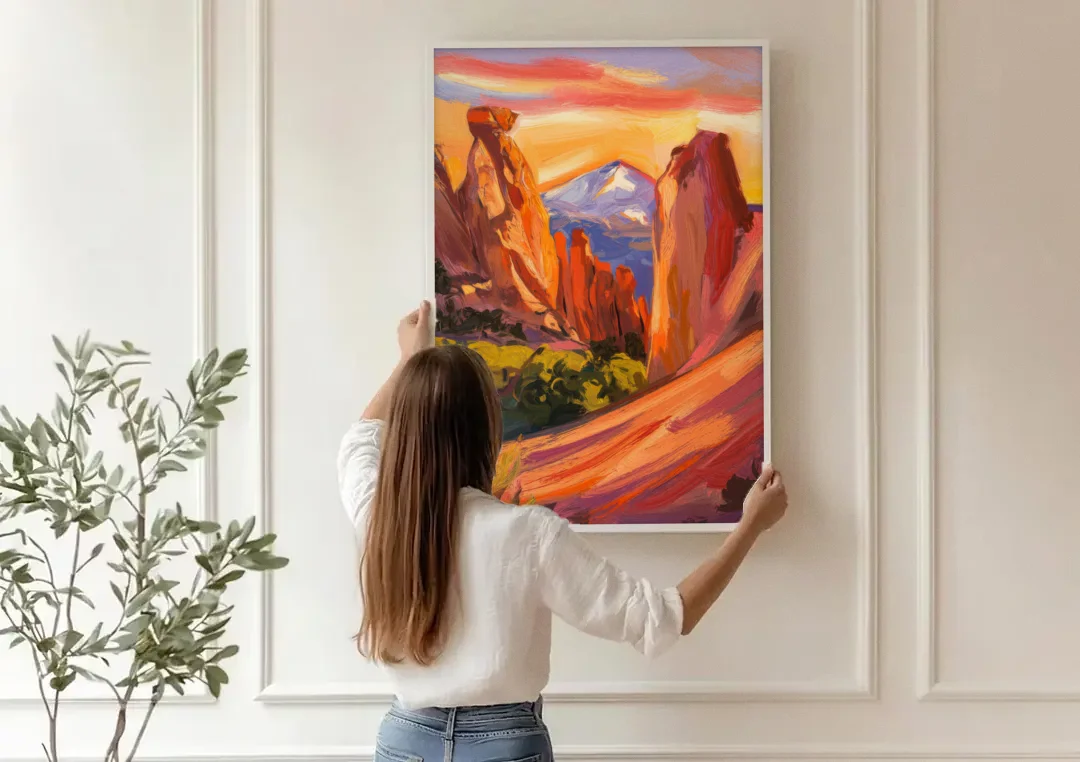 Colorado Springs Mountain View canvas wall art being hung on a paneled wall