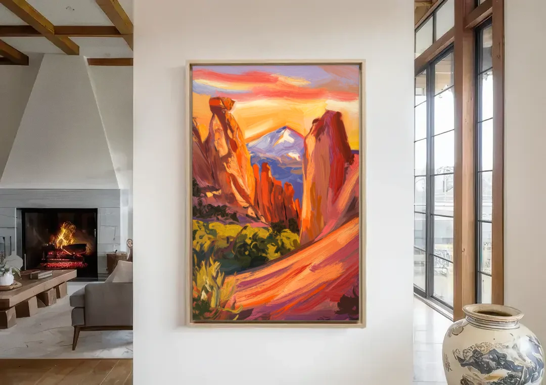 Colorado Springs Mountain View canvas wall art in a living room with a fireplace