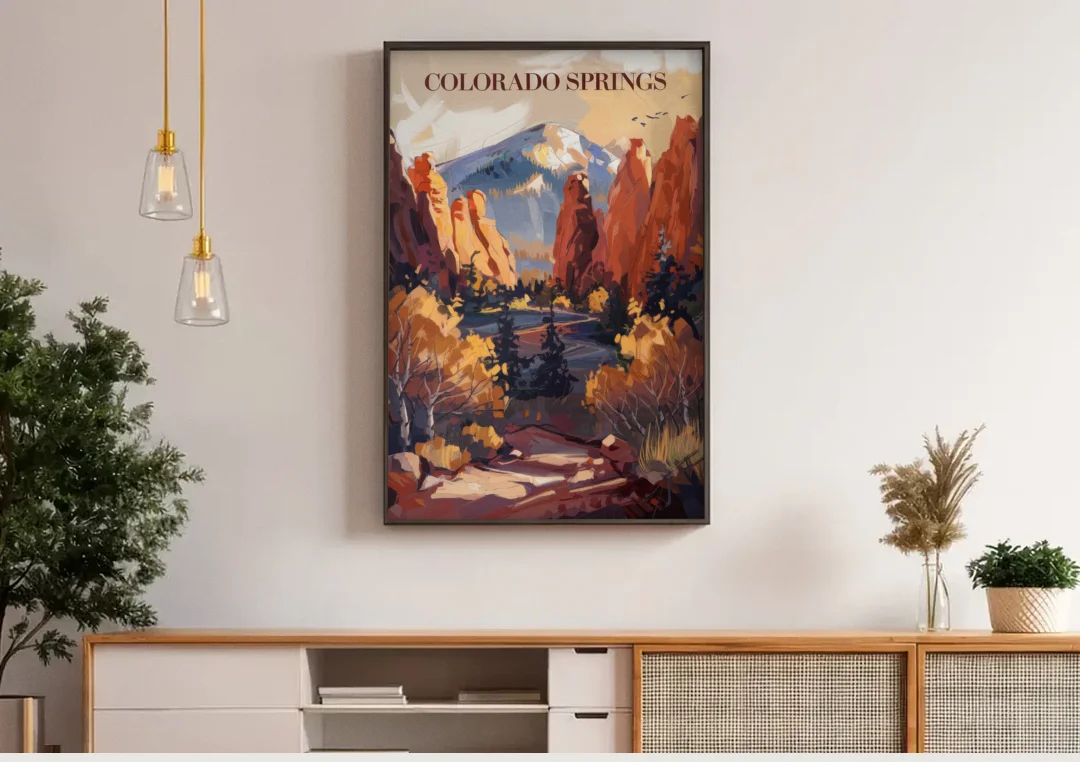 Colorado Springs Nature Escape canvas wall art above a wooden sideboard under pendant lights