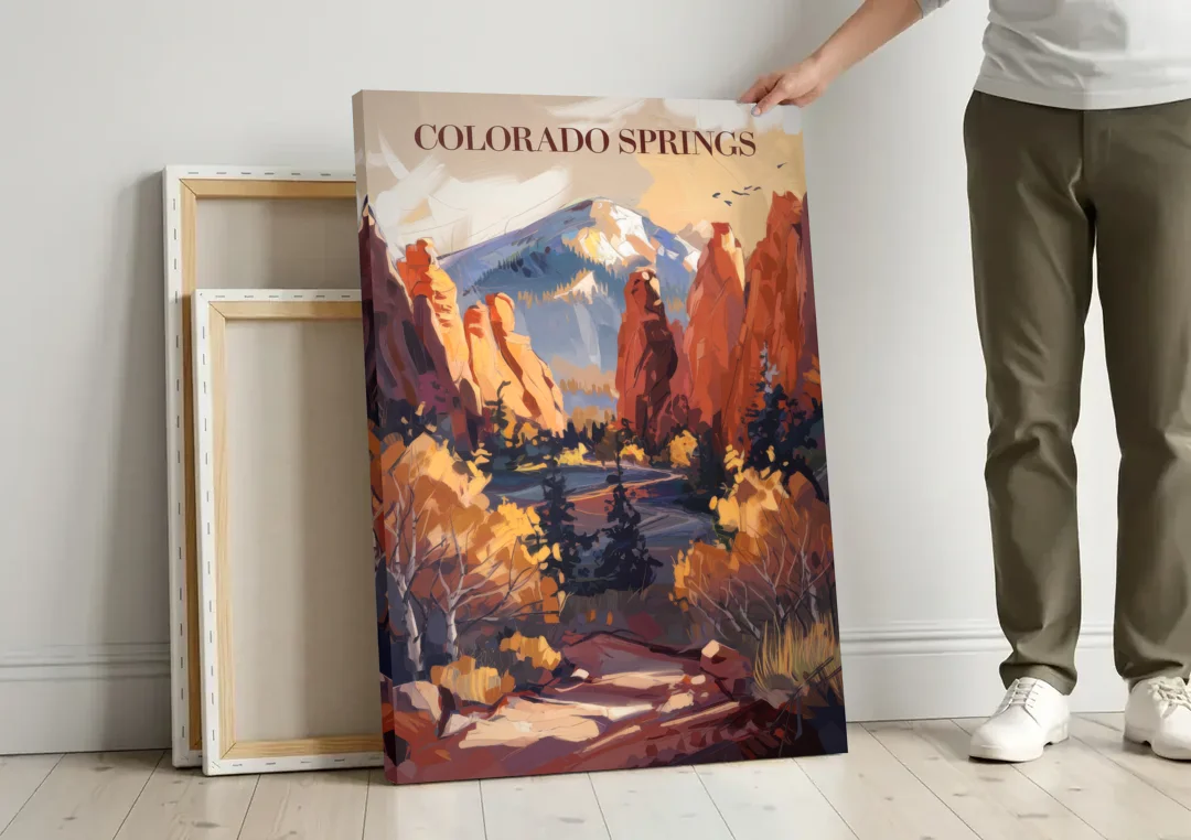 Colorado Springs Nature Escape canvas wall art leaning against a wall next to blank canvases