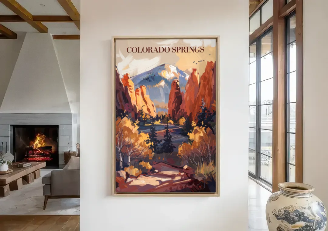Colorado Springs Nature Escape canvas wall art in a living room with a fireplace
