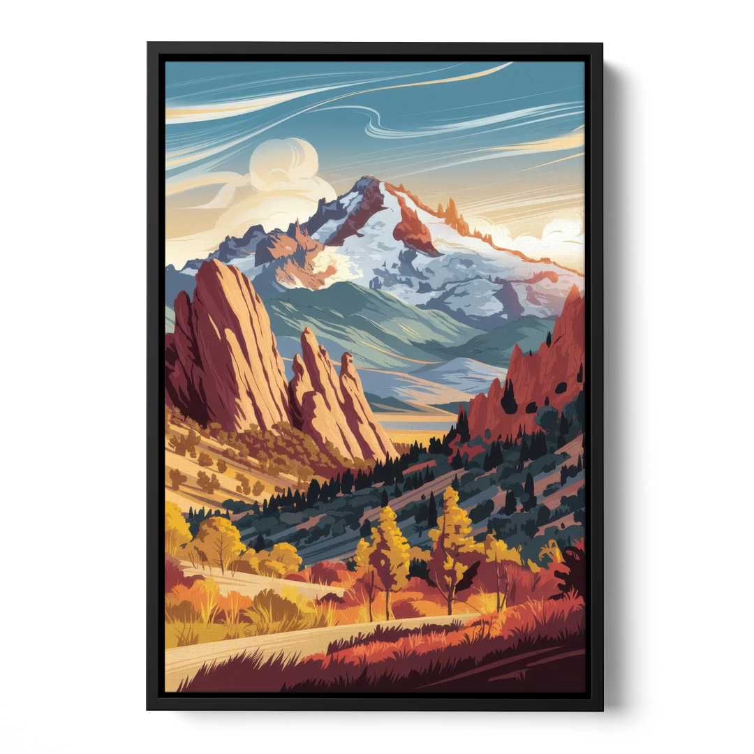 Colorado Springs Pikes Peak Panorama - Black Framed Canvas Wall Art - Front