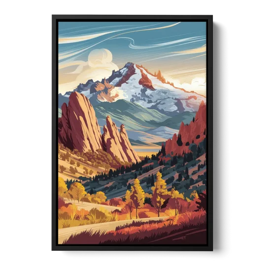 Colorado Springs Pikes Peak Panorama - Black Framed Canvas Wall Art - Front