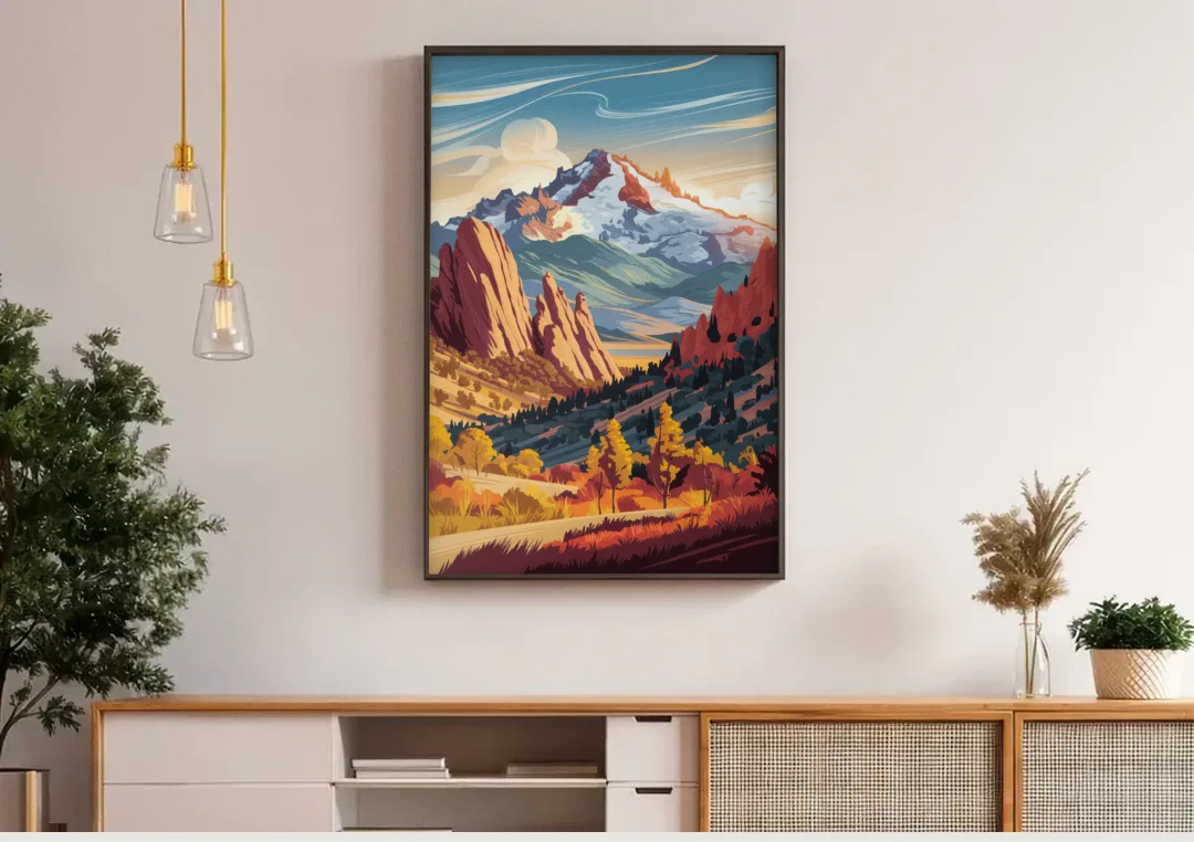 Colorado Springs Pikes Peak Panorama canvas wall art above a wooden sideboard under pendant lights
