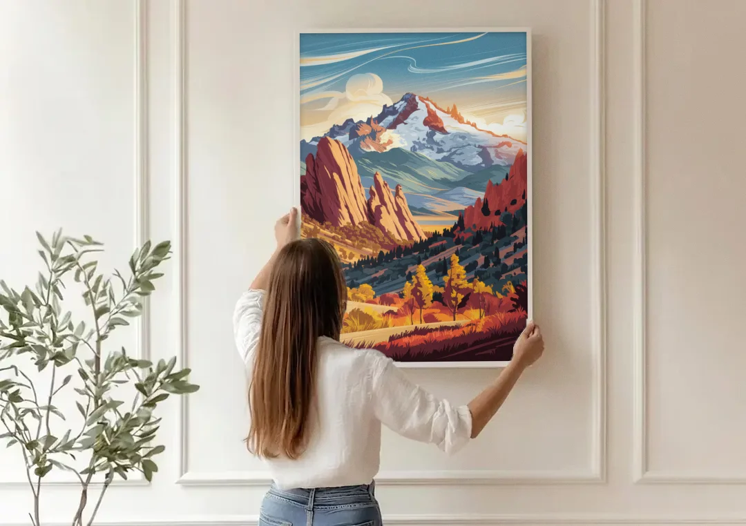 Colorado Springs Pikes Peak Panorama canvas wall art being hung on a paneled wall