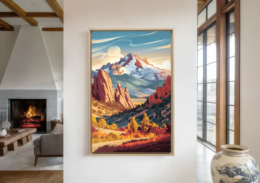 Colorado Springs Pikes Peak Panorama canvas wall art in a living room with a fireplace