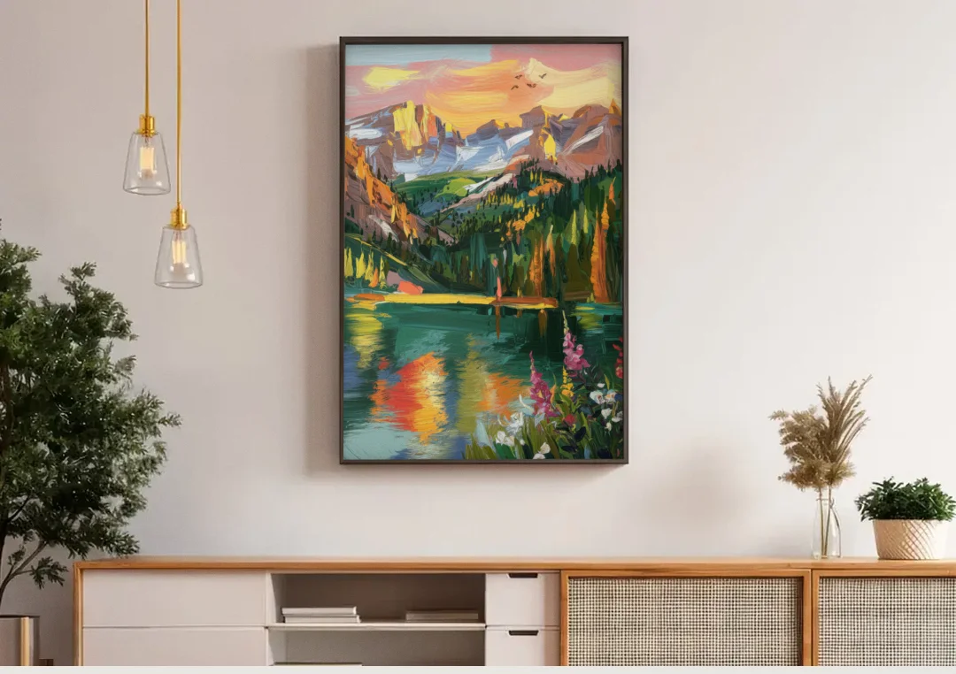 Colorado Springs Rocky Mountain Beauty canvas wall art above a wooden sideboard under pendant lights