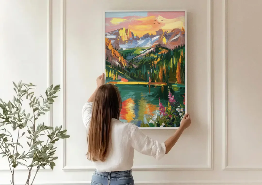 Colorado Springs Rocky Mountain Beauty canvas wall art being hung on a paneled wall