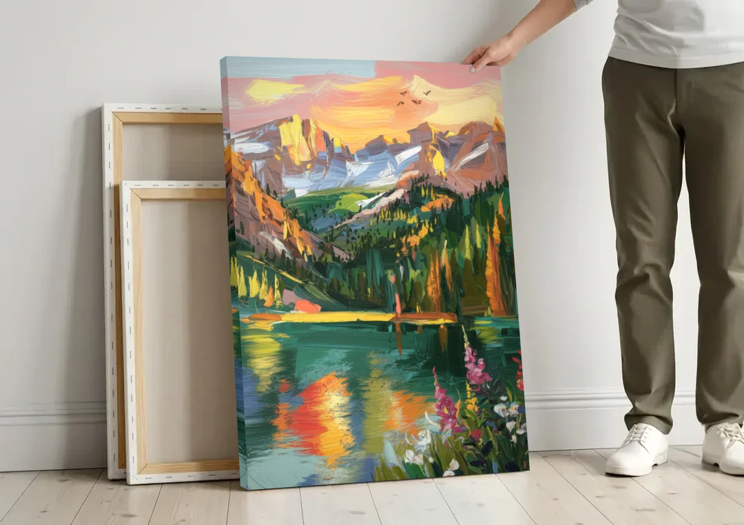 Colorado Springs Rocky Mountain Beauty canvas wall art leaning against a wall next to blank canvases