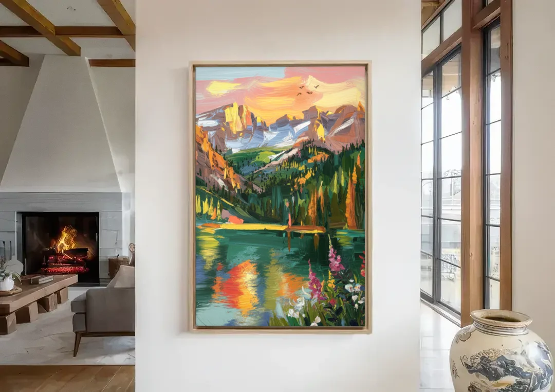 Colorado Springs Rocky Mountain Beauty canvas wall art in a living room with a fireplace