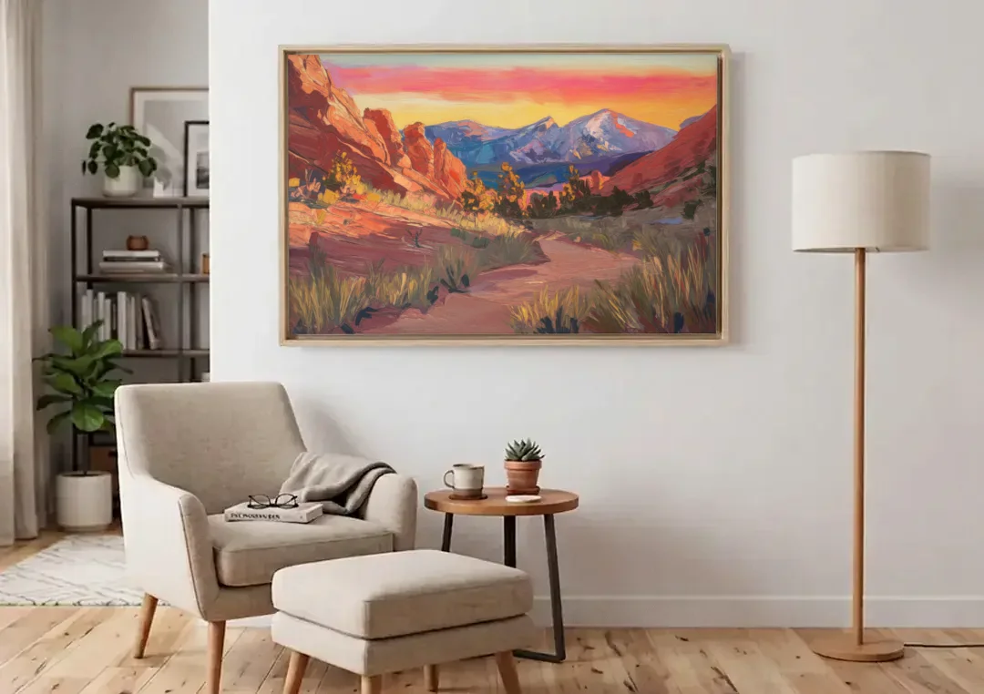 Colorado Springs Scenic Trails canvas wall art above an armchair in a bright living room