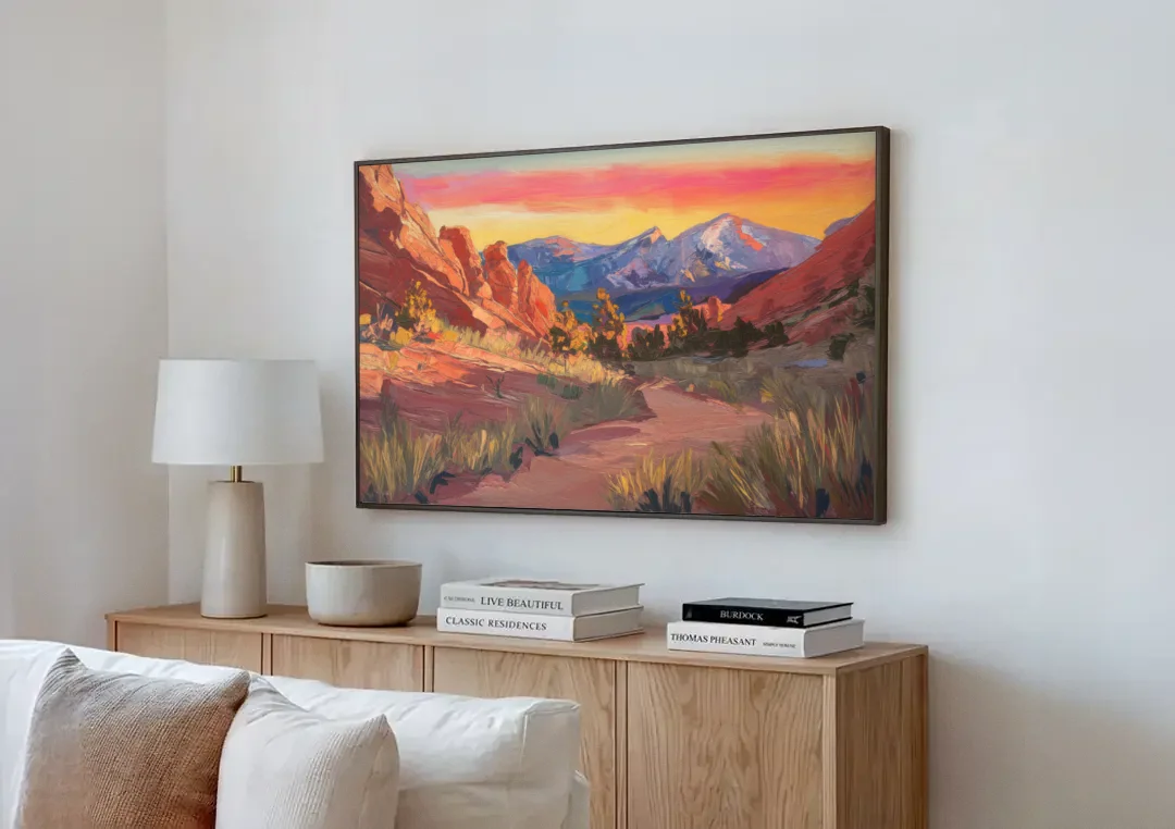 Colorado Springs Scenic Trails canvas wall art above a wooden sideboard next to a sofa