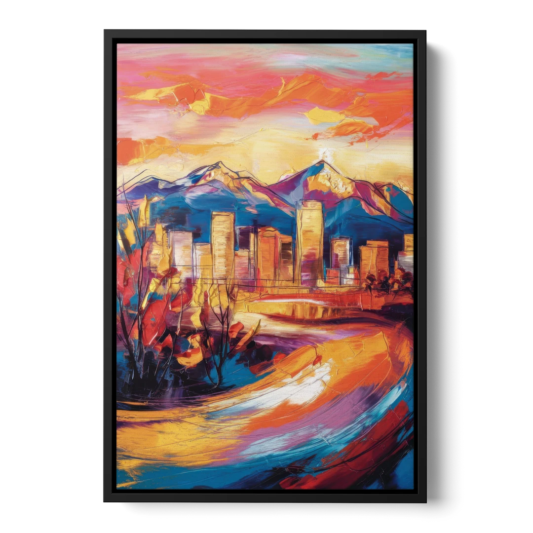 Colorado Springs Skyline Sunset - Black Framed Canvas Wall Art - Front
