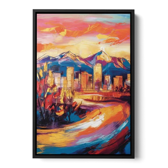 Colorado Springs Skyline Sunset - Black Framed Canvas Wall Art - Front