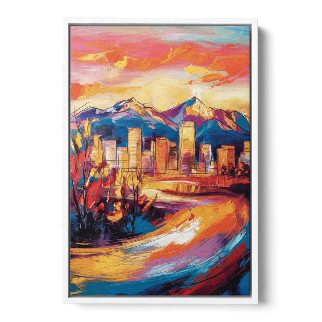 Colorado Springs Skyline Sunset - White Framed Canvas Wall Art - Front