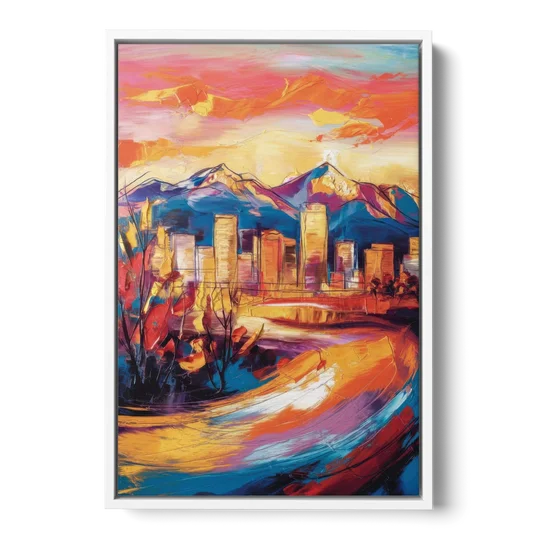 Colorado Springs Skyline Sunset - White Framed Canvas Wall Art - Front
