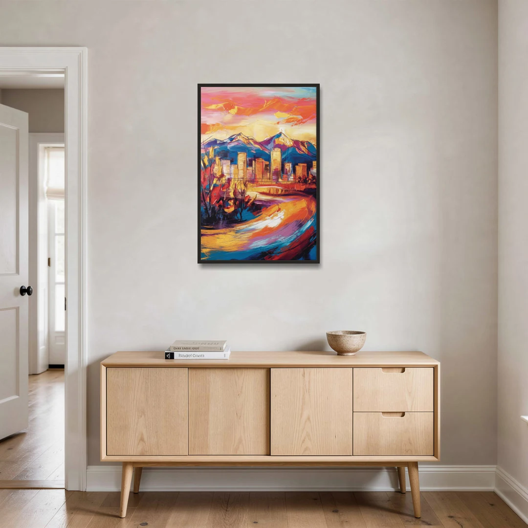Colorado Springs Skyline Sunset - Black Framed Canvas Wall Art - Coffee Table - 24x36