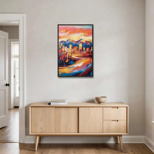 Colorado Springs Skyline Sunset - Black Framed Canvas Wall Art - Coffee Table - 24x36
